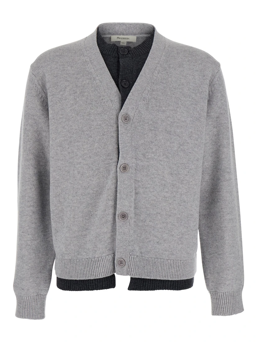 Grey Cardigan with V-Neck and Layered Design in Fabric Man