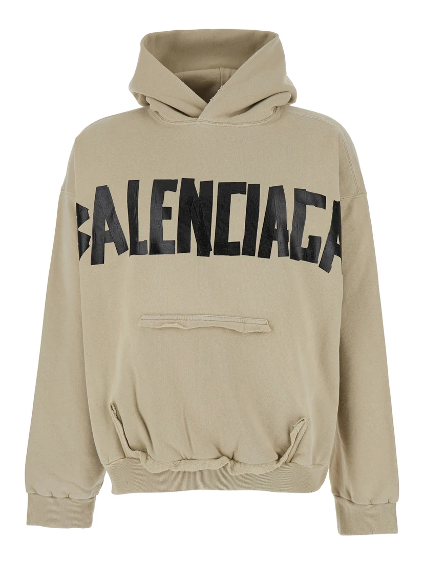 Beige Hoodie with Fixed Hood and Logo Lettering on Front and Rear in Cotton Man
