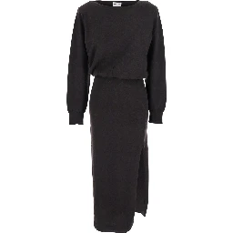 Brown Dress with Boat Neck in Wool and Cashmere Blend Woman