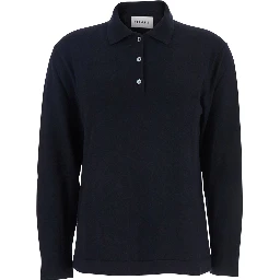 Blue Polo Shirt with Classic Collar and Long Sleeves in Wool Woman