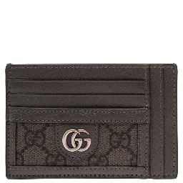 Grey Card Holder with Leather Trim and GG Motif in Fabric Man