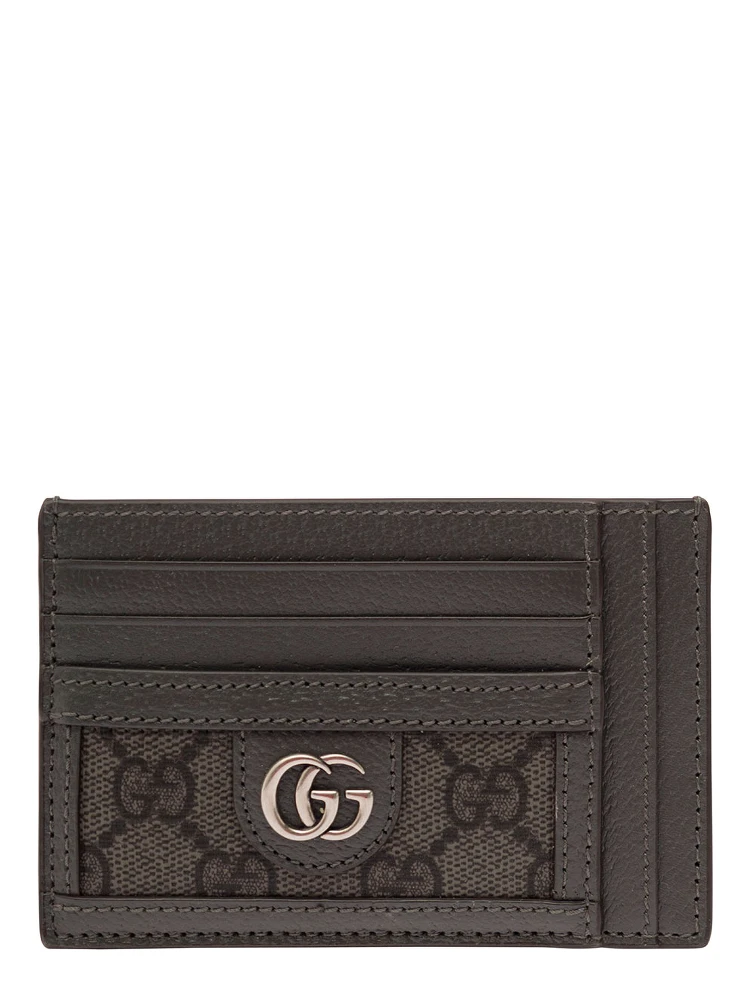 Grey Card Holder with Leather Trim and GG Motif in Fabric Man