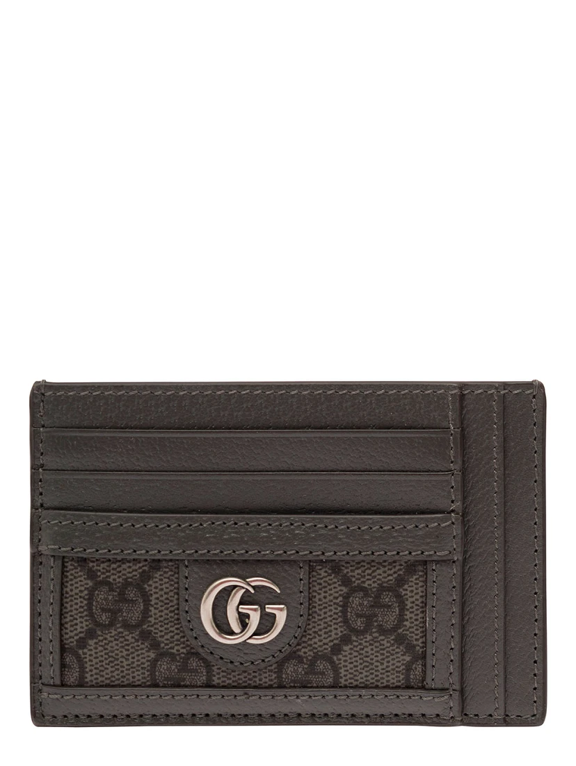 Grey Card Holder with Leather Trim and GG Motif in Fabric Man