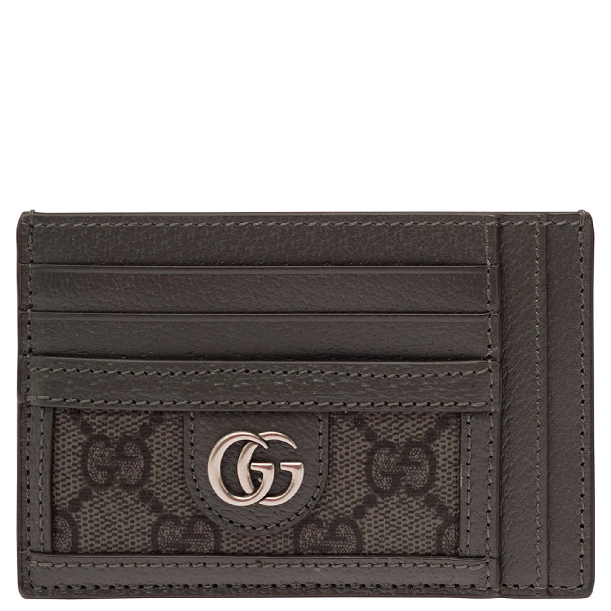Grey Card Holder with Leather Trim and GG Motif in Fabric Man