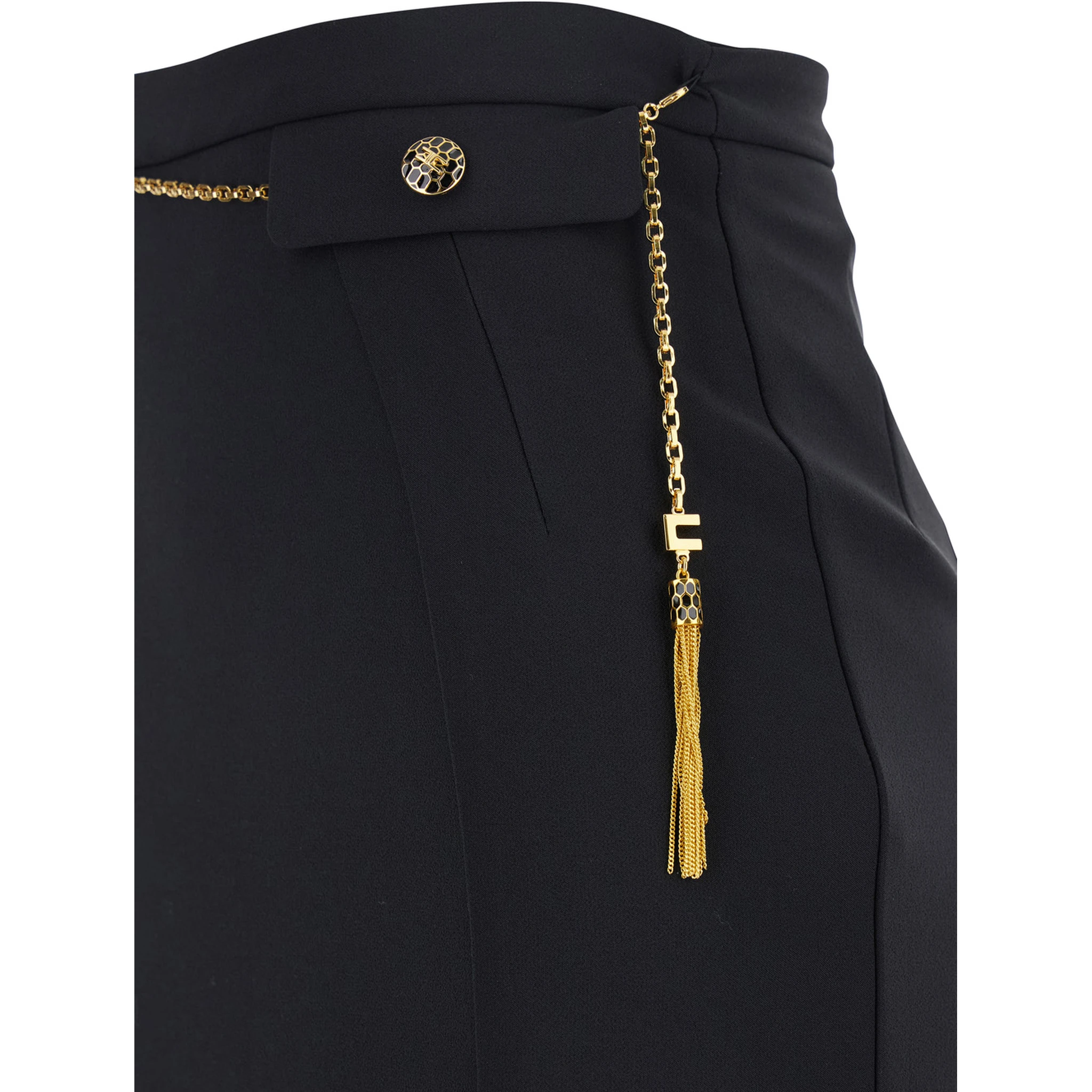 Black Skirt with Metallic Pendant and Patch Pockets in Fabric Woman