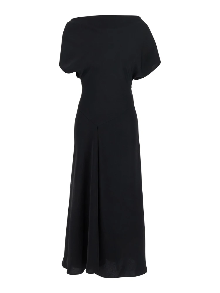 Black Long Dress with Square Neckline and Short Sleeves in Tech Fabric Woman