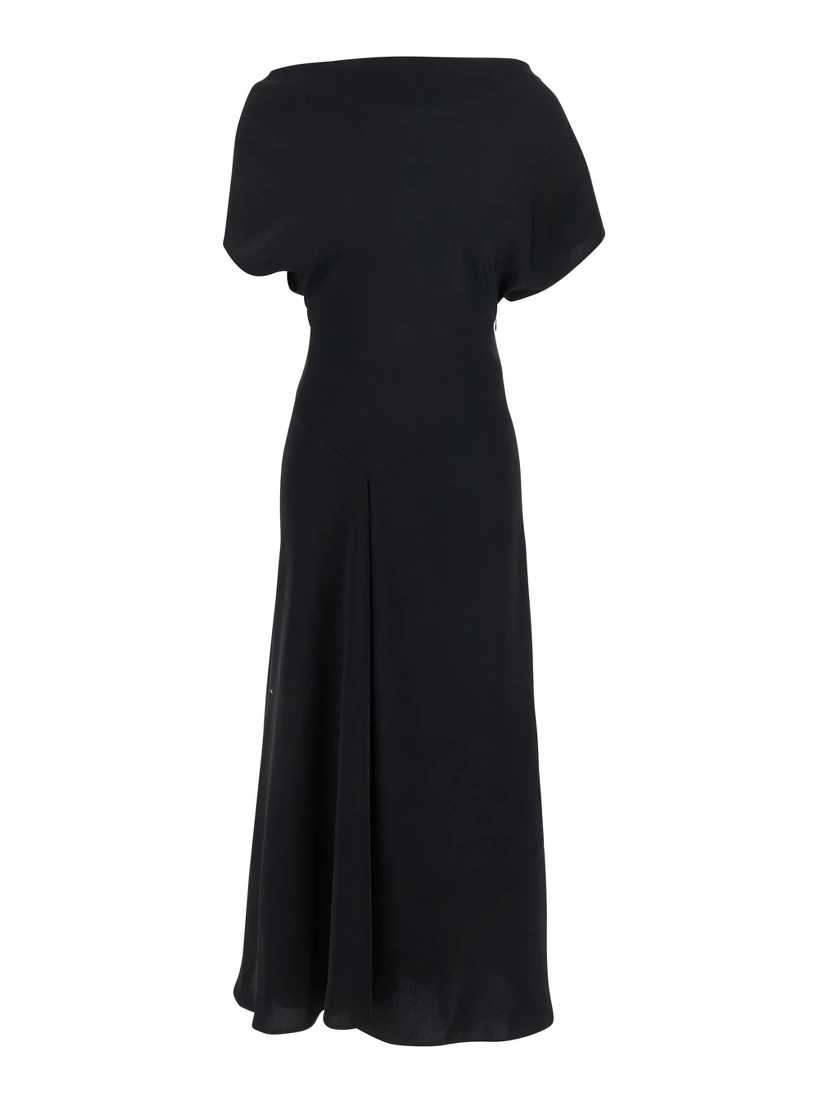 Black Long Dress with Square Neckline and Short Sleeves in Tech Fabric Woman
