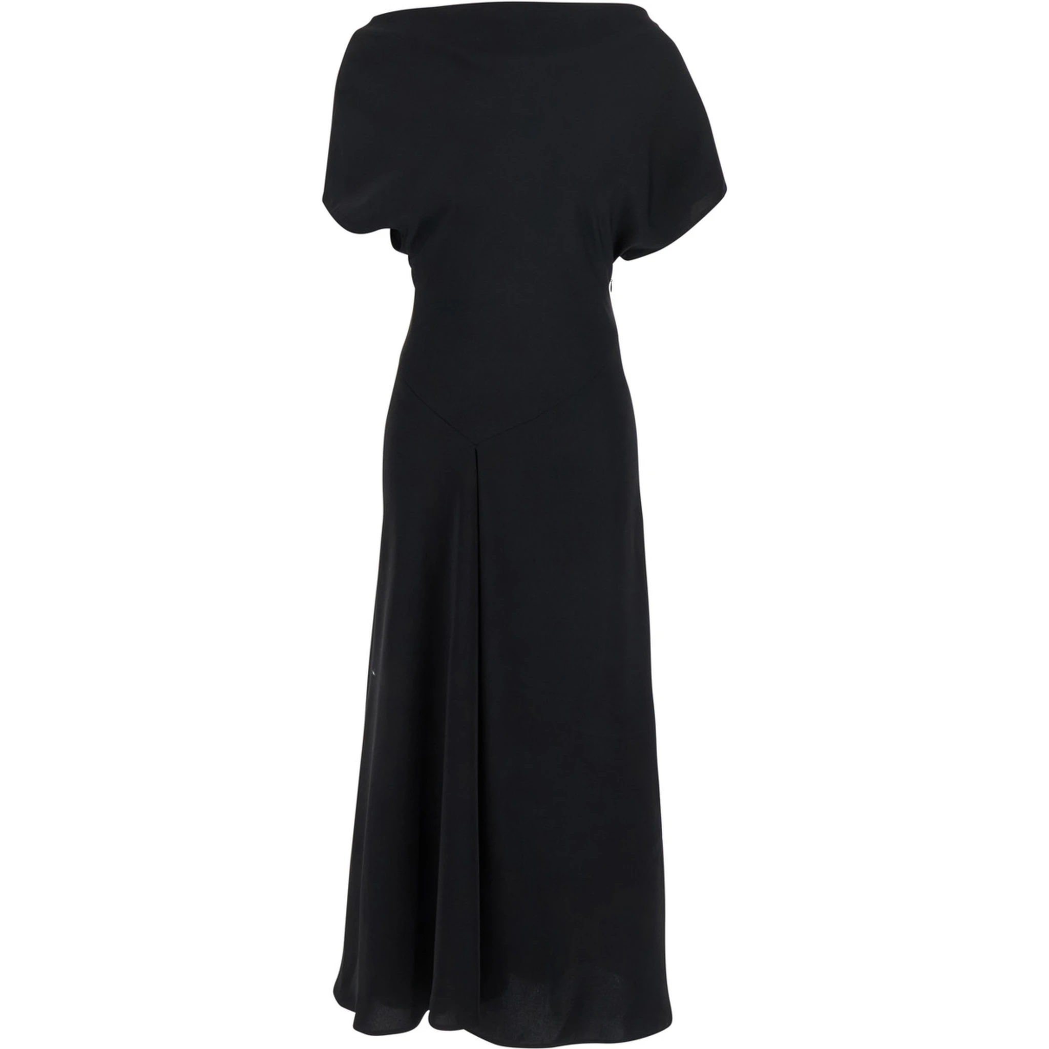 Black Long Dress with Square Neckline and Short Sleeves in Tech Fabric Woman