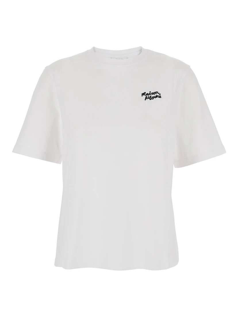 White T-Shirt with Logo Lettering Printed on the Front in Cotton Woman