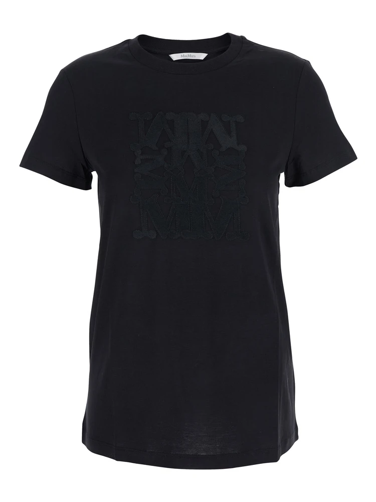 Black Crew Neck T-Shirt with Front Logo in Cotton Woman