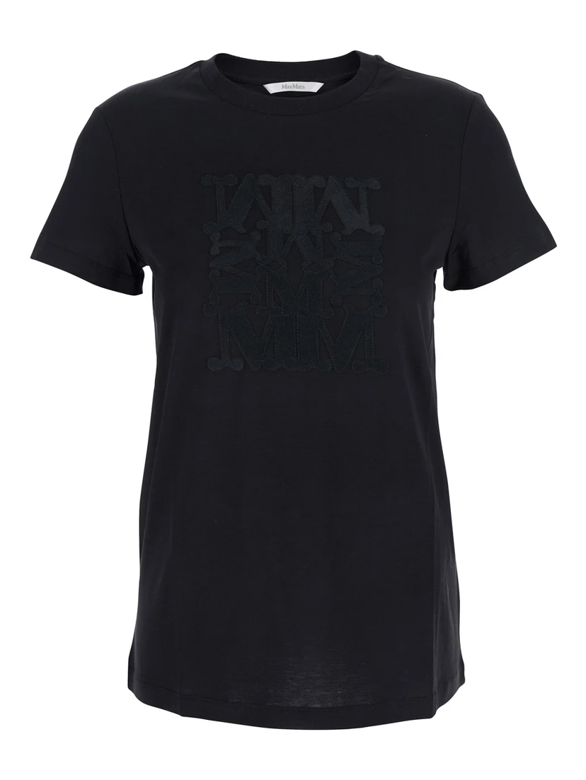 Black Crew Neck T-Shirt with Front Logo in Cotton Woman