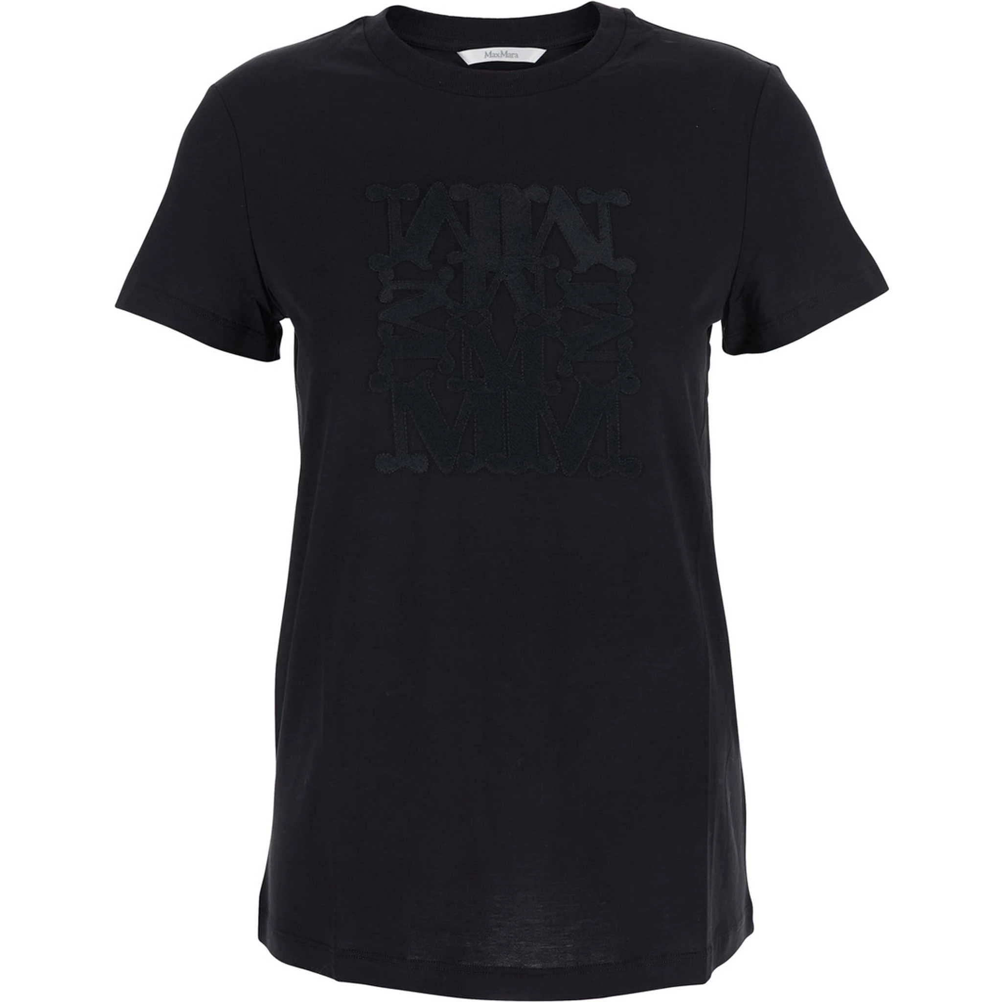 Black Crew Neck T-Shirt with Front Logo in Cotton Woman