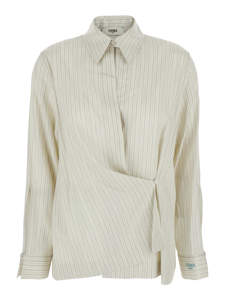 White Shirt with Point Collar and Asymmetrical Closure in Silk Woman
