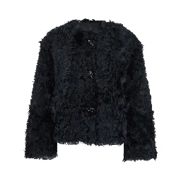 Black Collarless Fur Jacket with Front Toggle Closure in Fur Woman