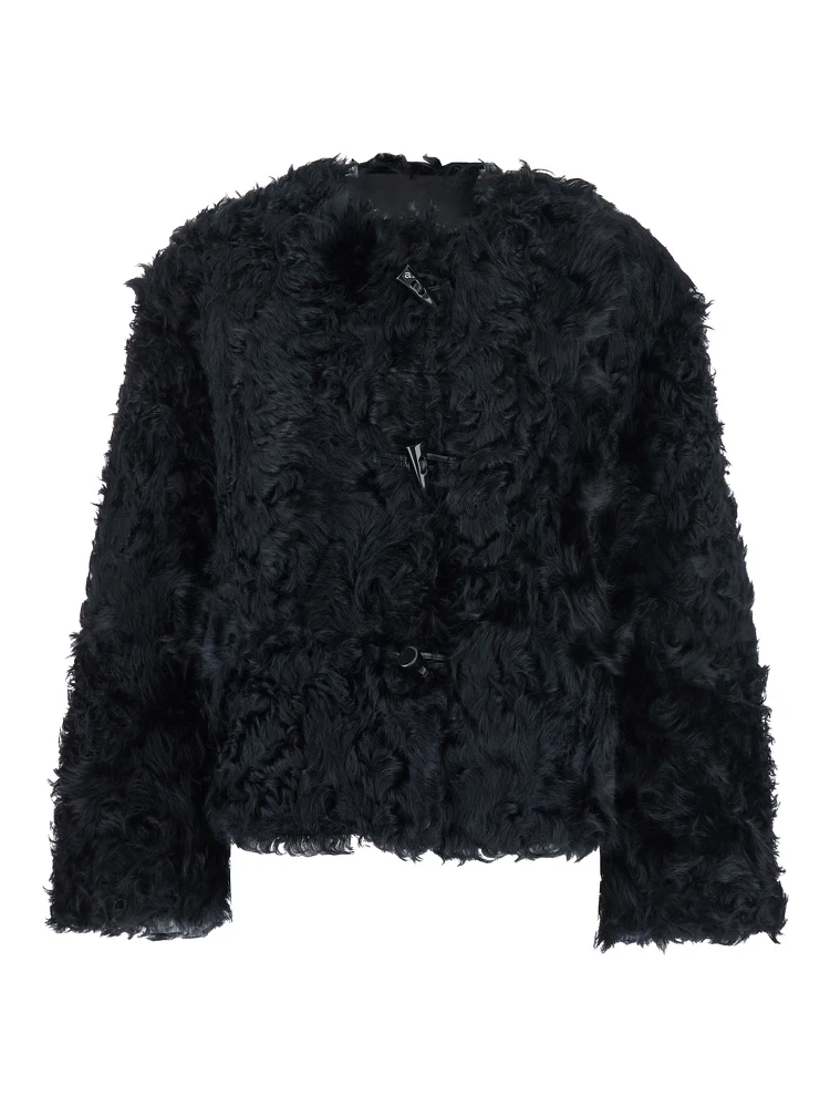 Black Collarless Fur Jacket with Front Toggle Closure in Fur Woman