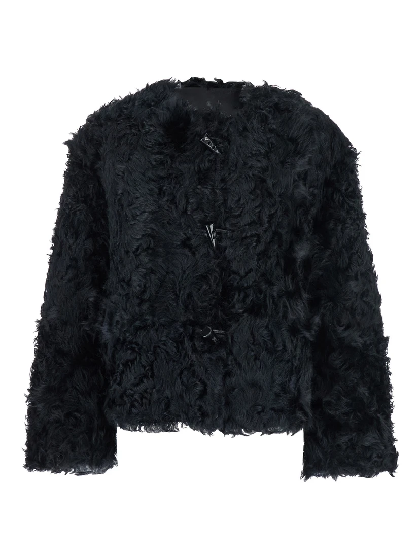 Black Collarless Fur Jacket with Front Toggle Closure in Fur Woman