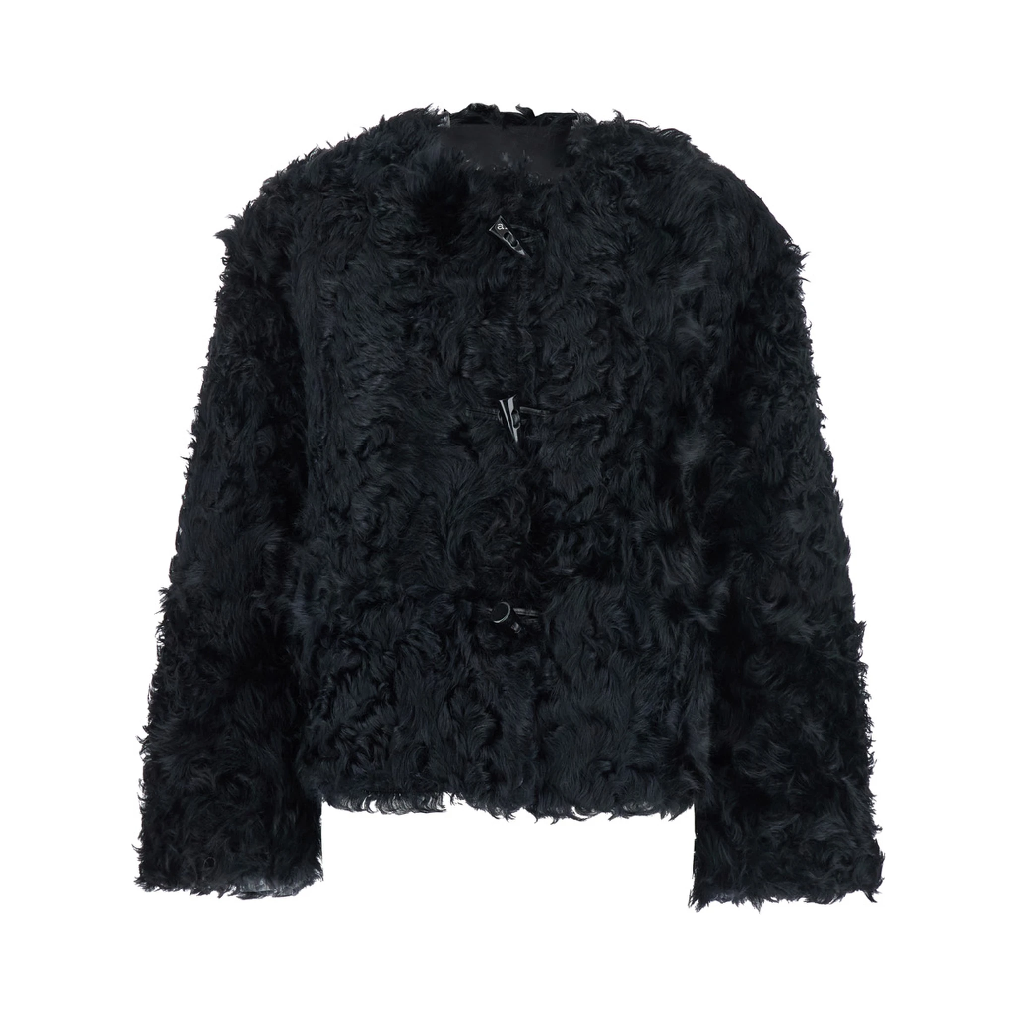 Black Collarless Fur Jacket with Front Toggle Closure in Fur Woman