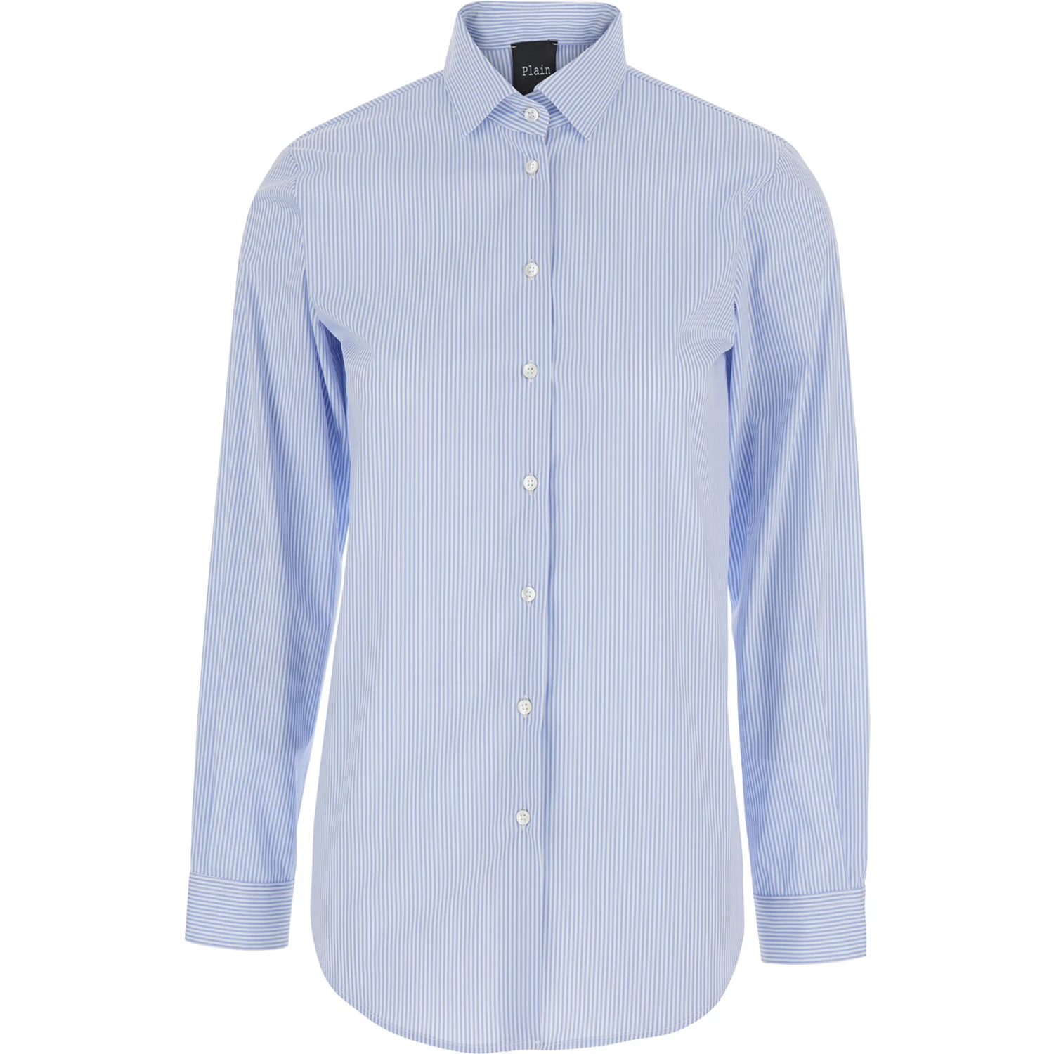 Light Blue Shirt with Classic Collar and Curved Hem in Cotton Woman