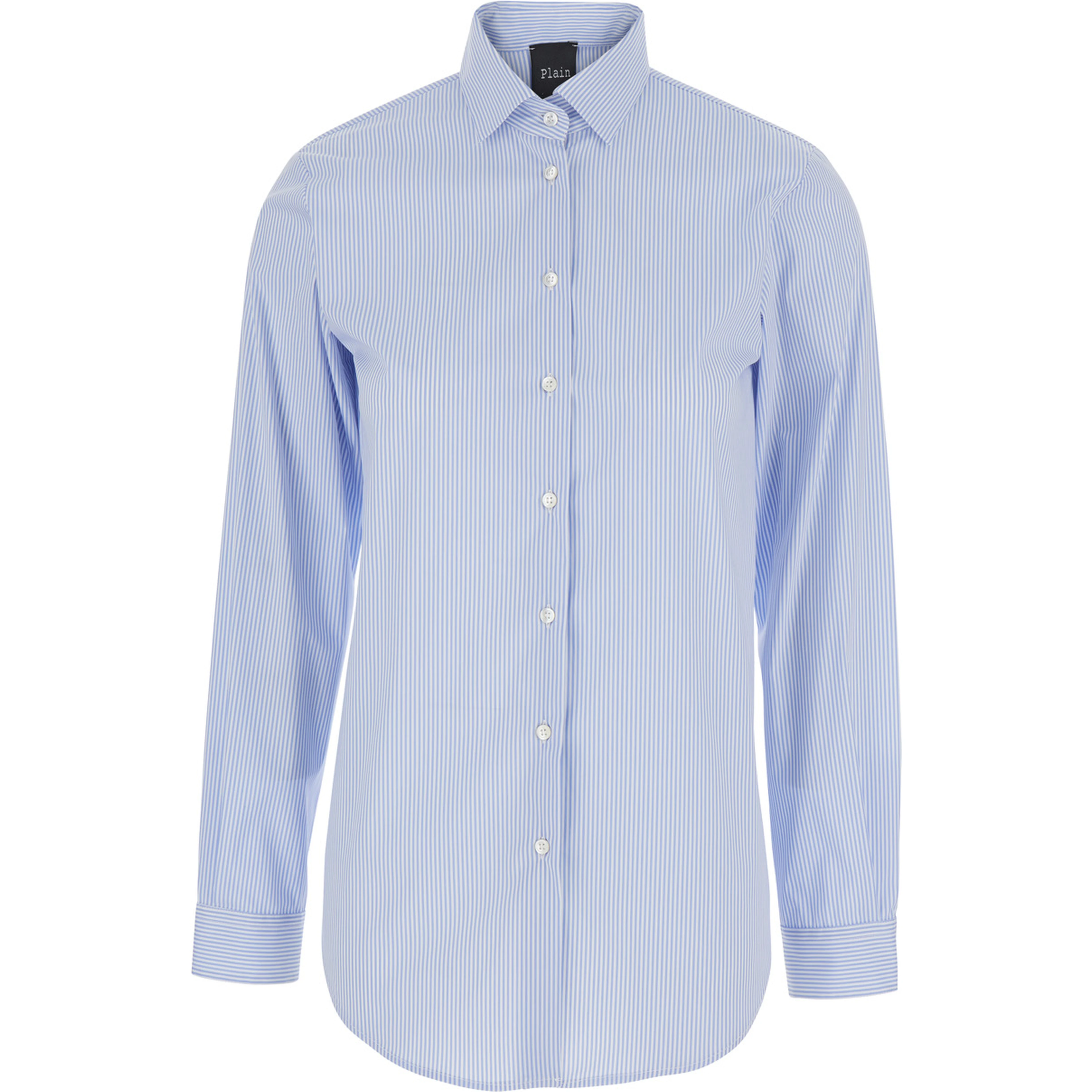 Light Blue Shirt with Classic Collar and Curved Hem in Cotton Woman