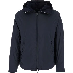 Blue Down Jacket with Hood and Front Zip Closure in Tech Fabric Man