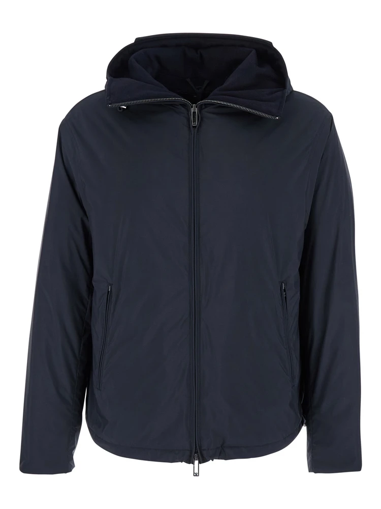 Blue Down Jacket with Hood and Front Zip Closure in Tech Fabric Man