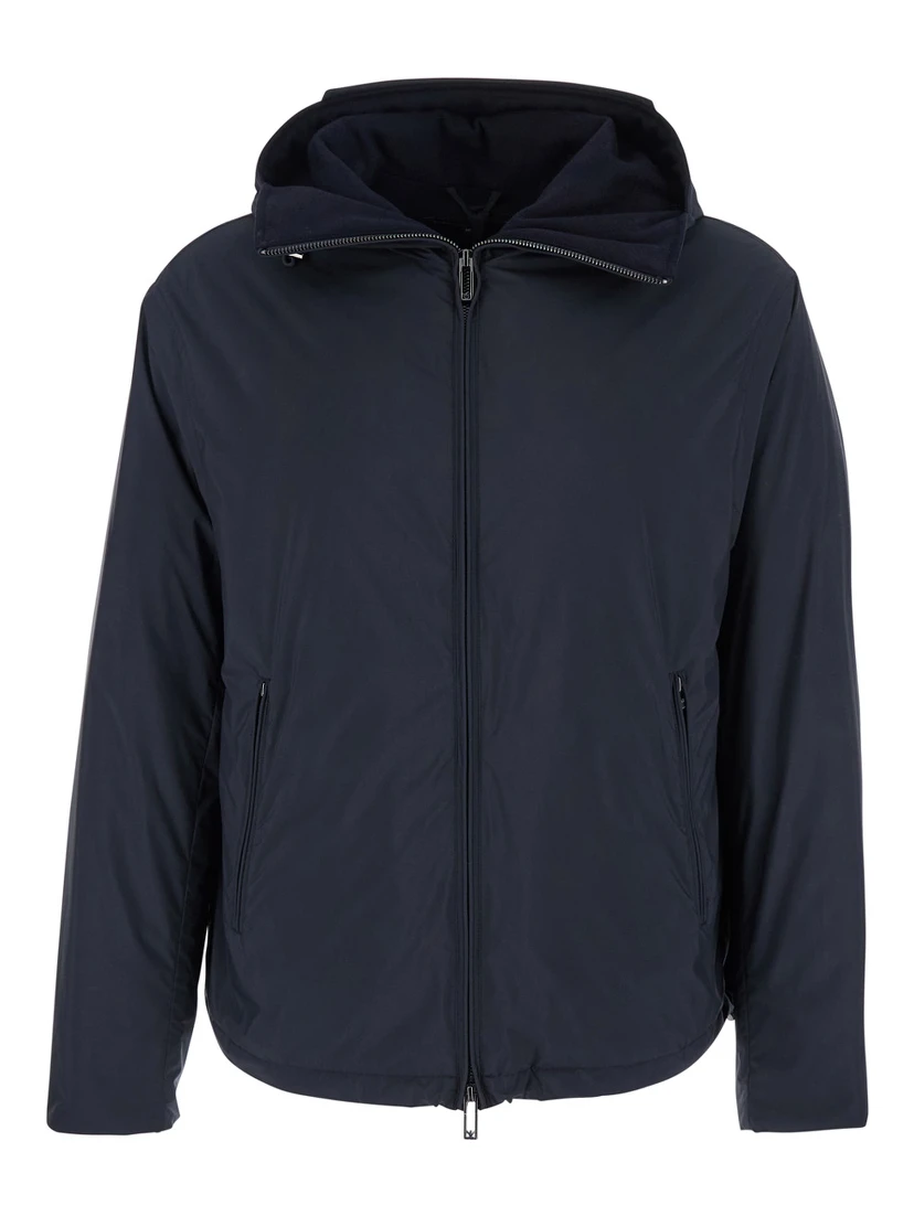 Blue Down Jacket with Hood and Front Zip Closure in Tech Fabric Man