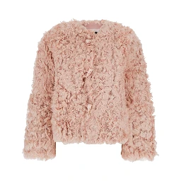Pink Collarless Fur Jacket with Front Toggle Closure in Fur Woman