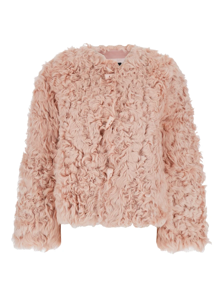 Pink Collarless Fur Jacket with Front Toggle Closure in Fur Woman