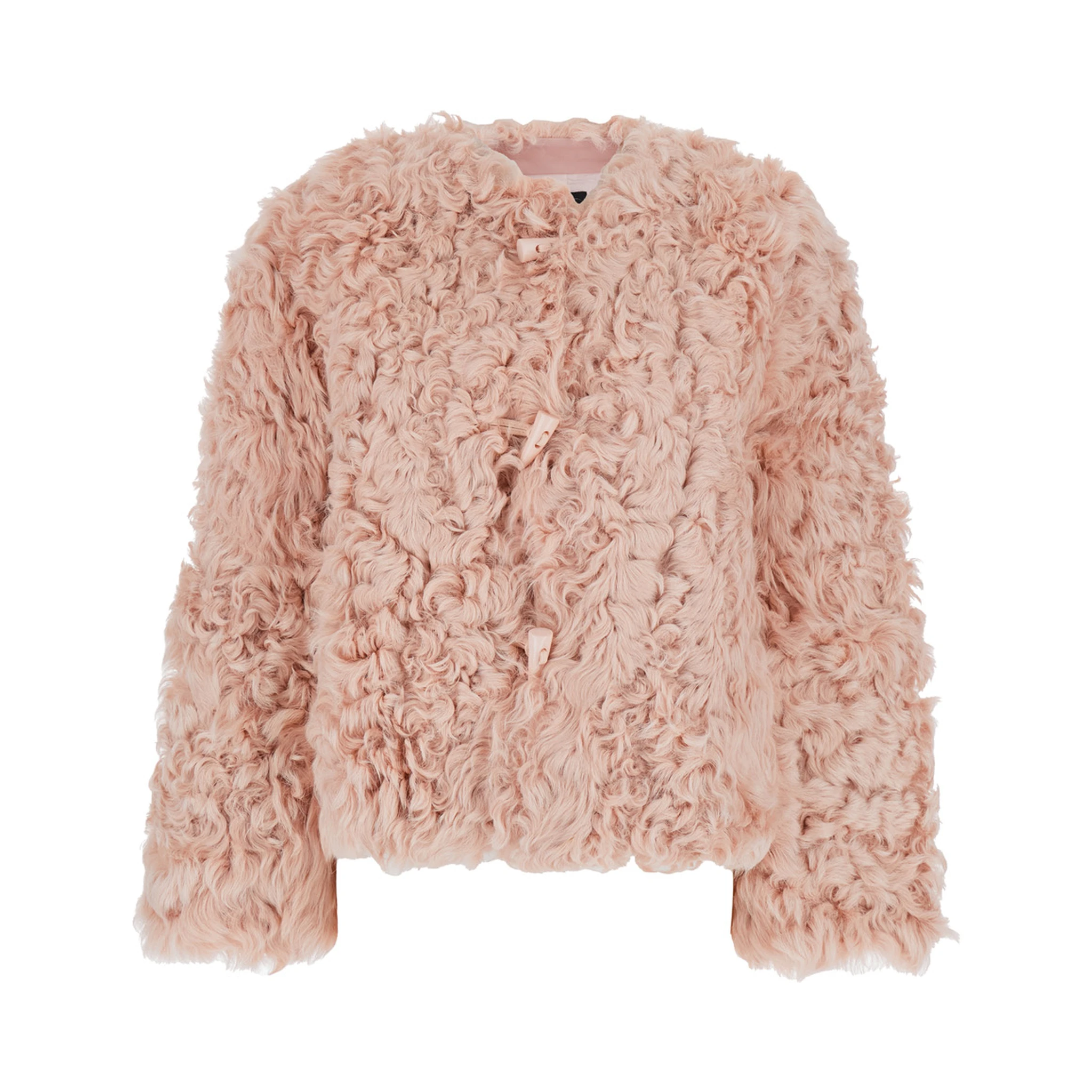 Pink Collarless Fur Jacket with Front Toggle Closure in Fur Woman