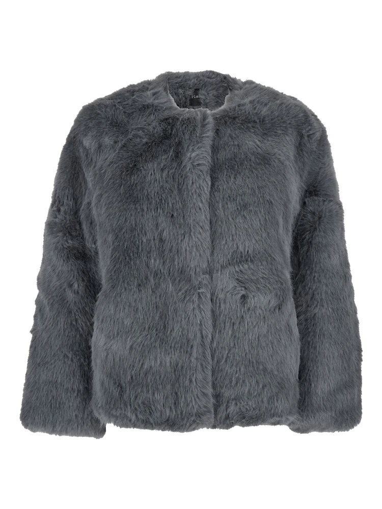 Grey Fur Jacket with High Neck and Concealed Front Closure in Ecofur Woman