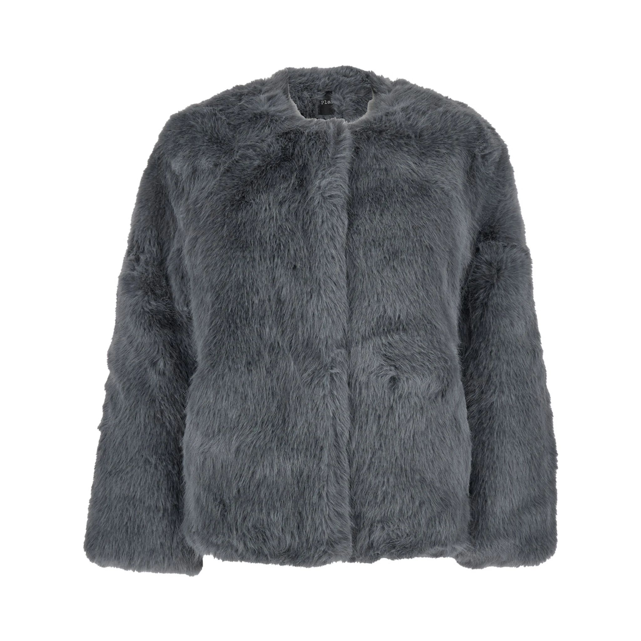 Grey Fur Jacket with High Neck and Concealed Front Closure in Ecofur Woman