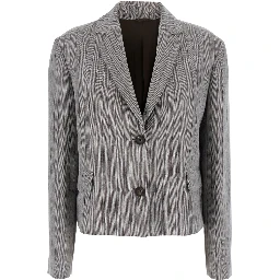 Grey Jacket with Notched Revers and All-Over Striped Motif in Linen Blend Woman