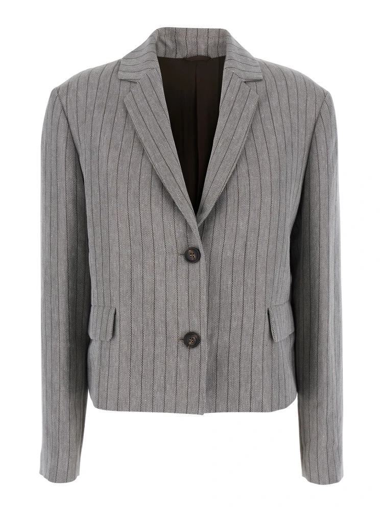 Grey Jacket with Notched Revers and All-Over Striped Motif in Linen Blend Woman