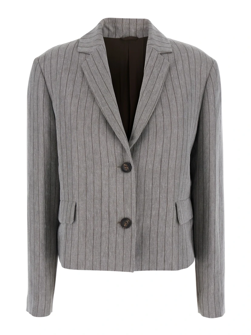 Grey Jacket with Notched Revers and All-Over Striped Motif in Linen Blend Woman