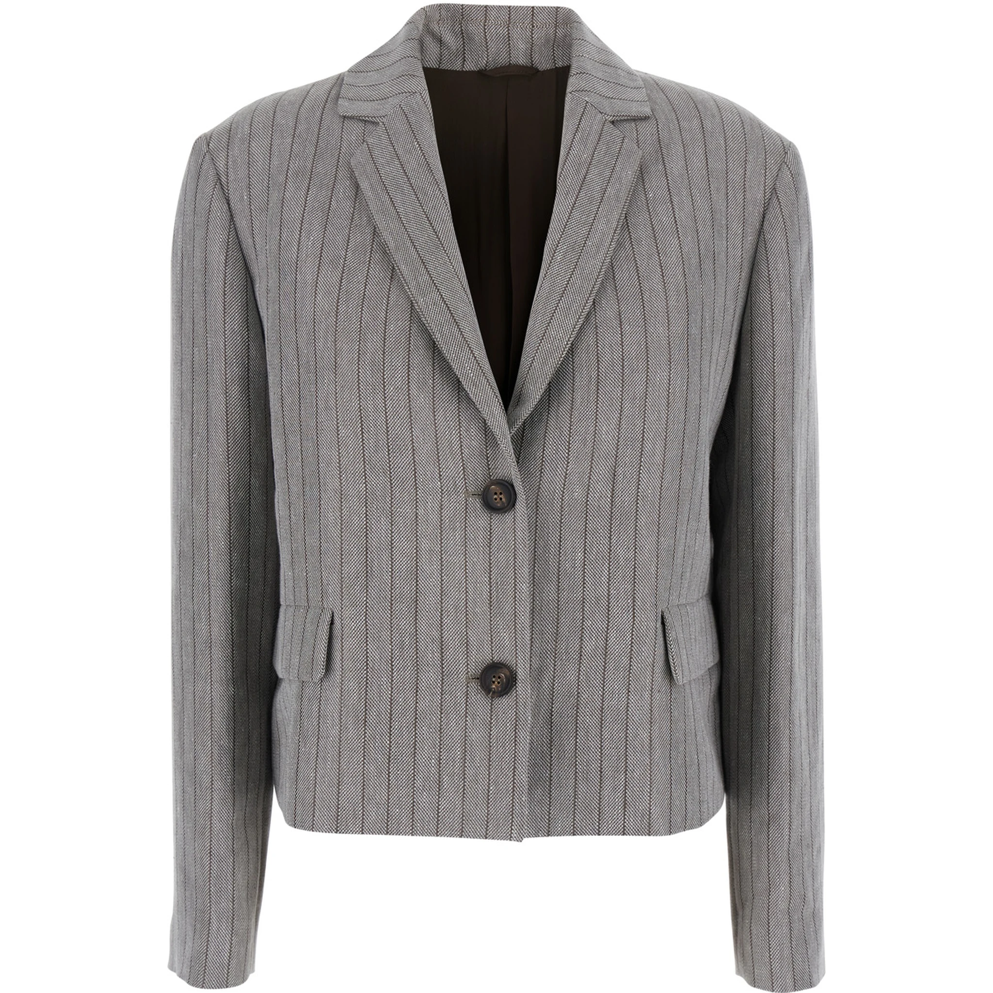 Grey Jacket with Notched Revers and All-Over Striped Motif in Linen Blend Woman