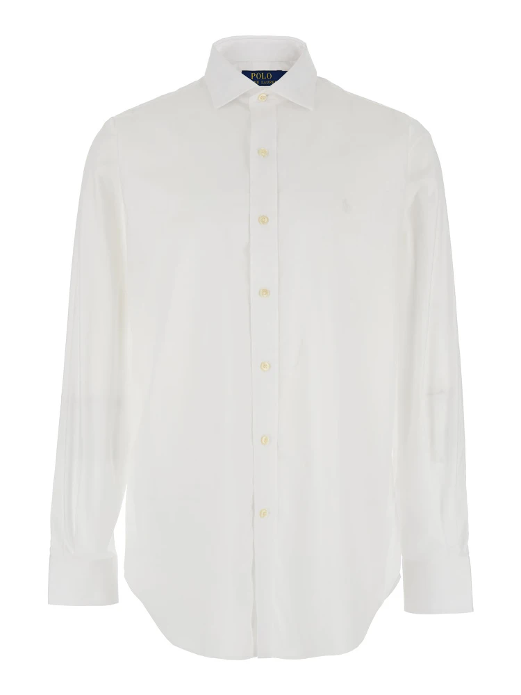 Custom Fit White Shirt with Pointed Collar and Tone on Tone Pony Embroidery on the Front in Cotton Man
