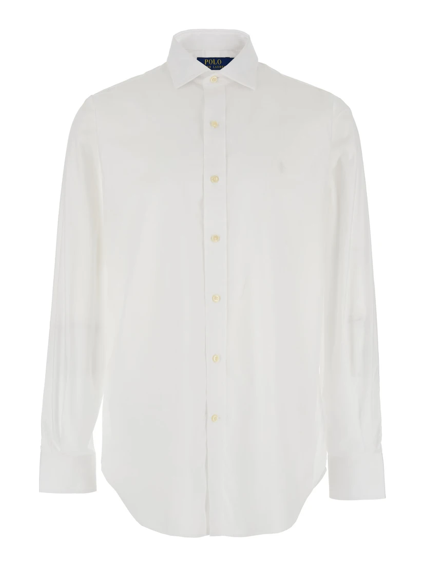 Custom Fit White Shirt with Pointed Collar and Tone on Tone Pony Embroidery on the Front in Cotton Man