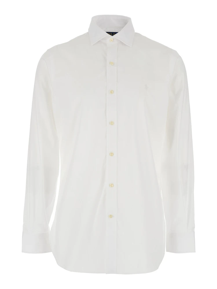 Slim Fit White Shirt with Pointed Collar and Embroidery on the Front in Cotton Man