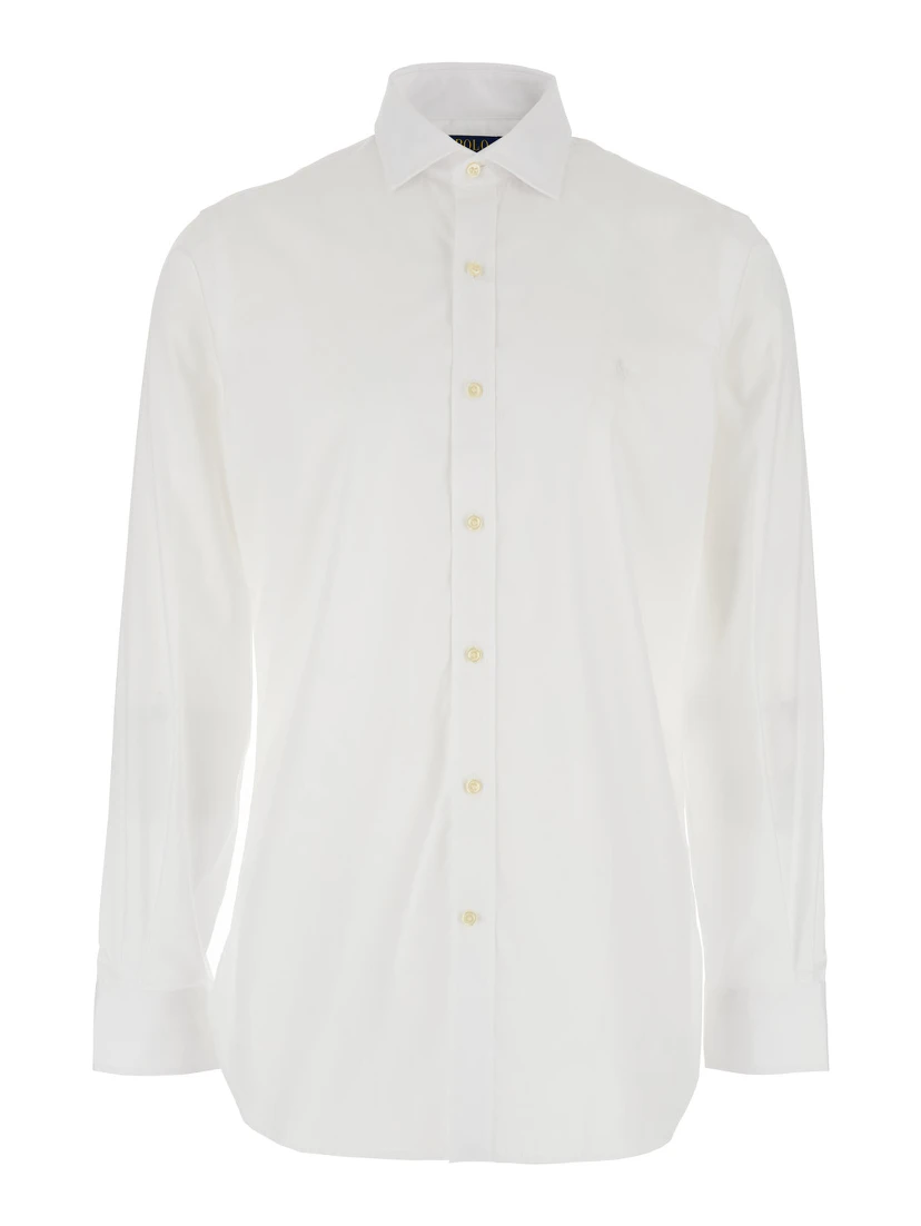 Slim Fit White Shirt with Pointed Collar and Embroidery on the Front in Cotton Man