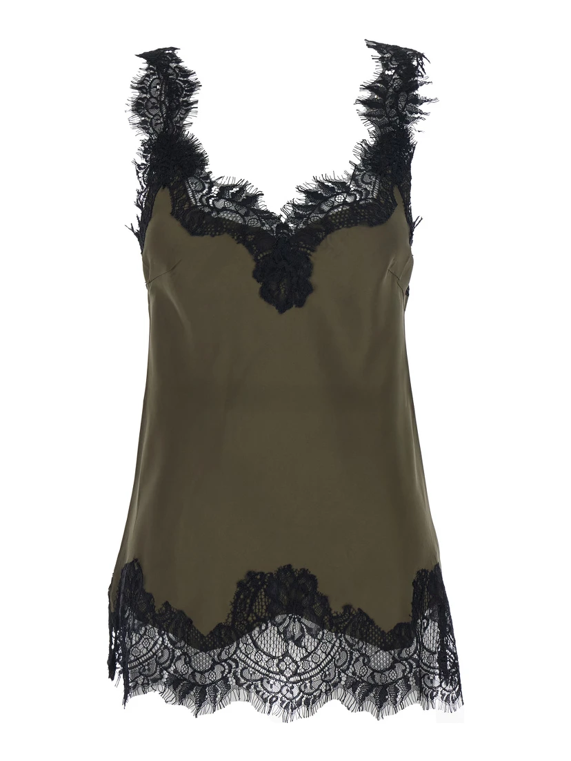 Megan Green Sleeveless Top with Lace Details in Silk Woman