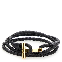 Black Bracelet with T Detail in Braided Leather Man