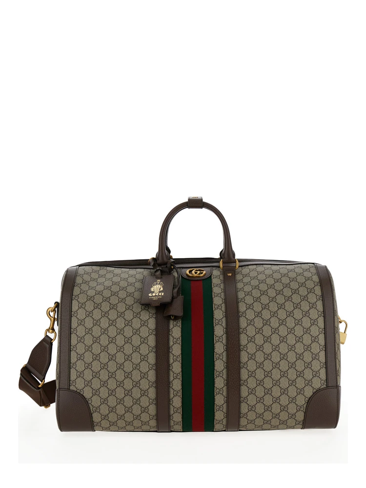 Gucci Savoy Big Beige and Ebony Travel Duffle Bag with Web Detail in GG Supreme Canvas Man