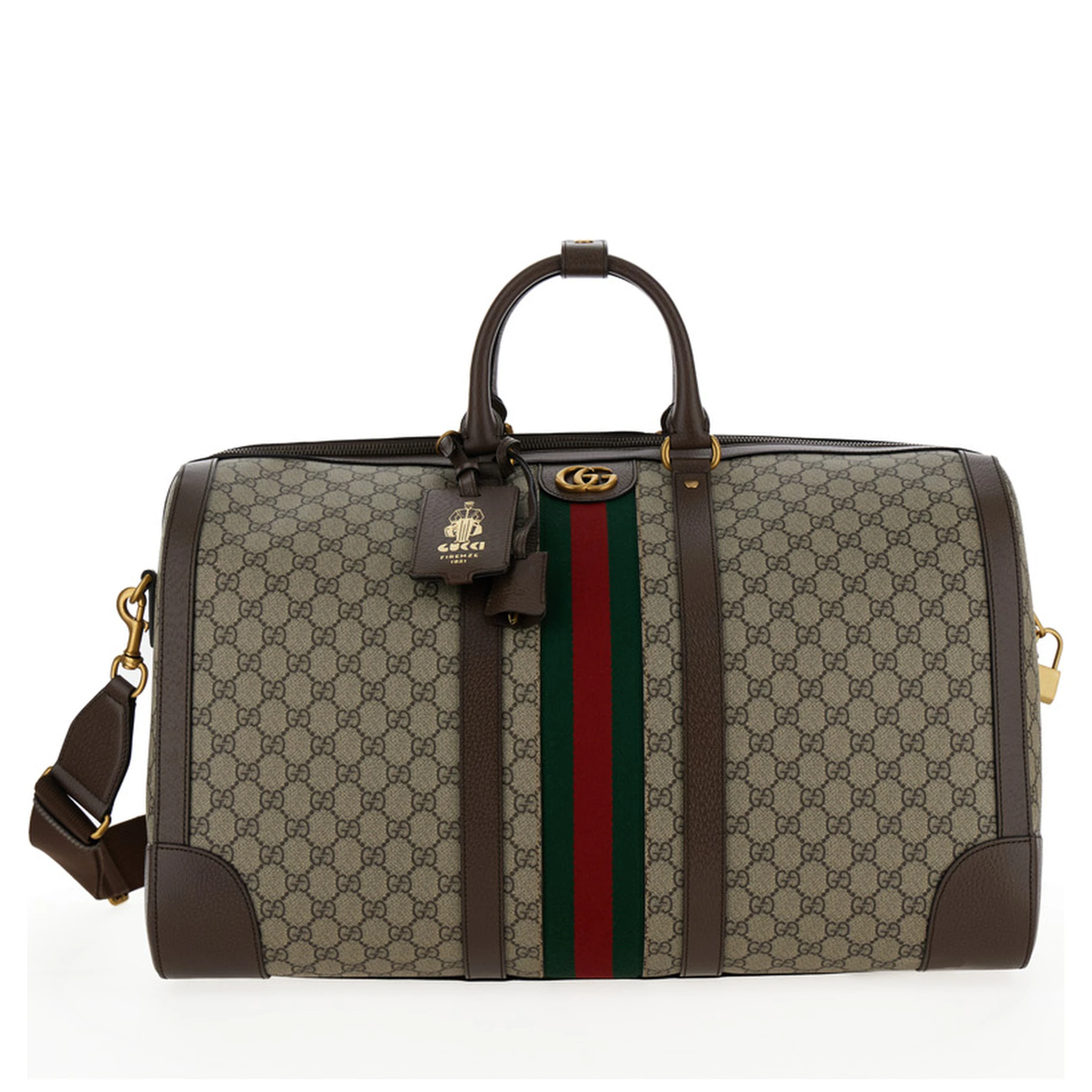 Gucci Savoy Big Beige and Ebony Travel Duffle Bag with Web Detail in GG Supreme Canvas Man