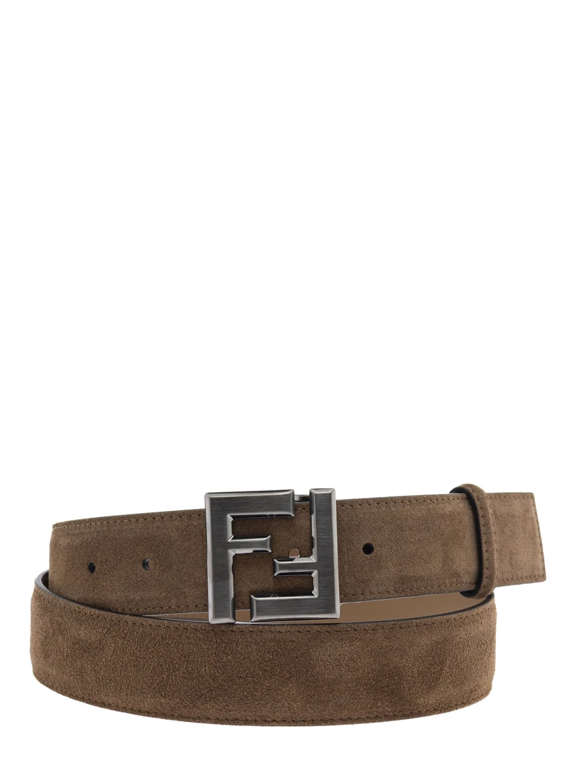Brown Belt with FF Buckle Closure in Suede Man