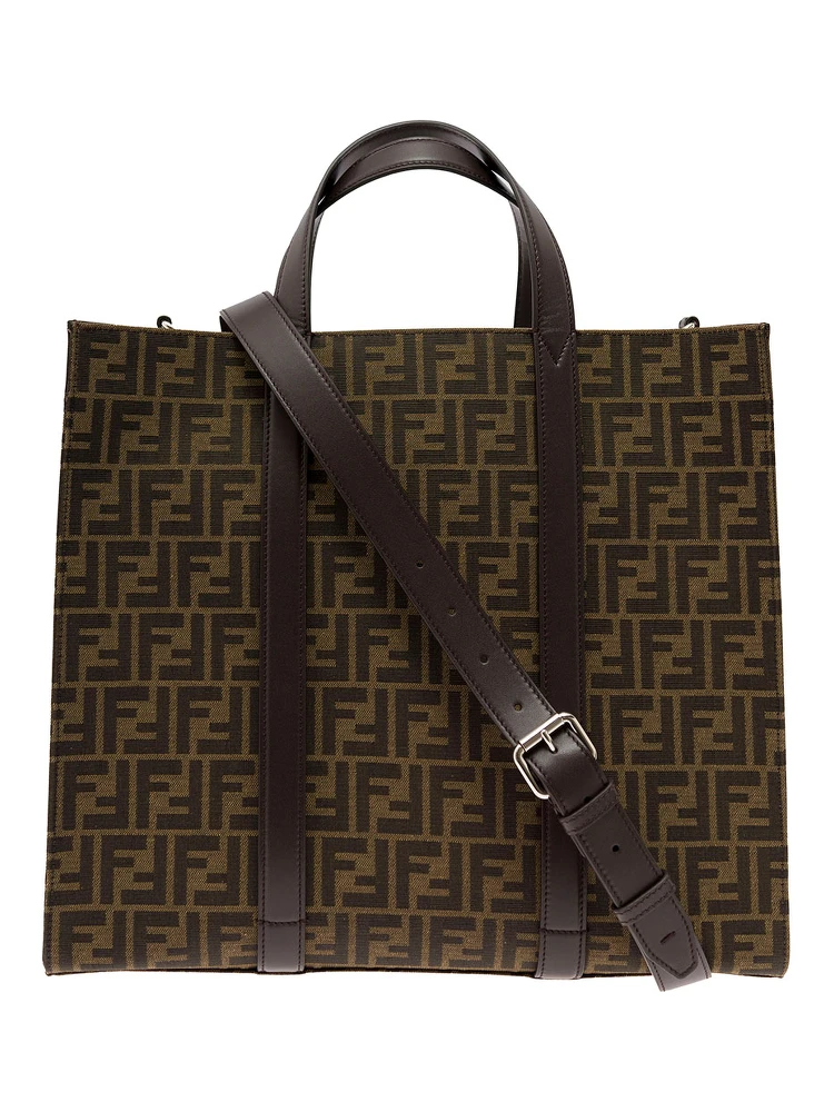 Brown and Beige FF Jacquard Fabric Tote Bag in Cotton Blend Man