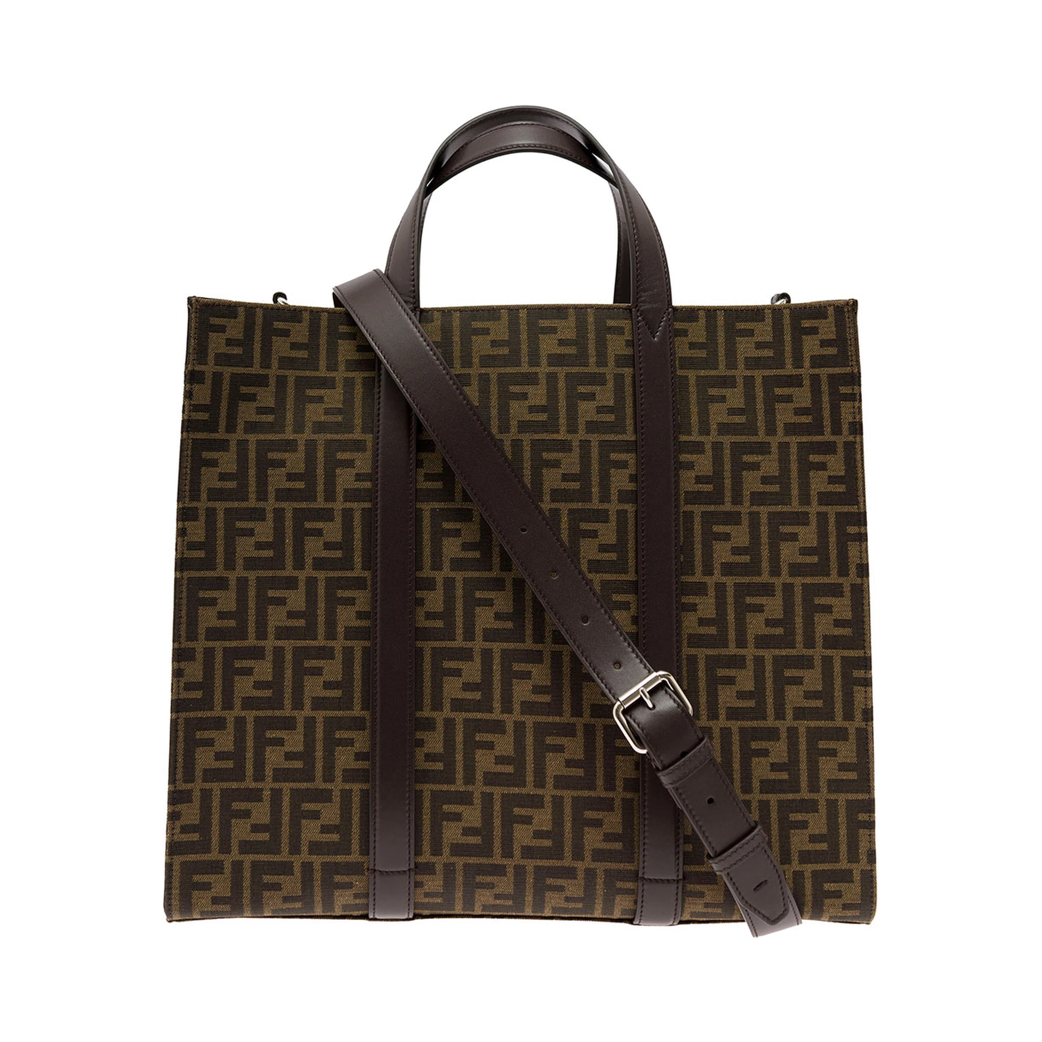 Brown and Beige FF Jacquard Fabric Tote Bag in Cotton Blend Man