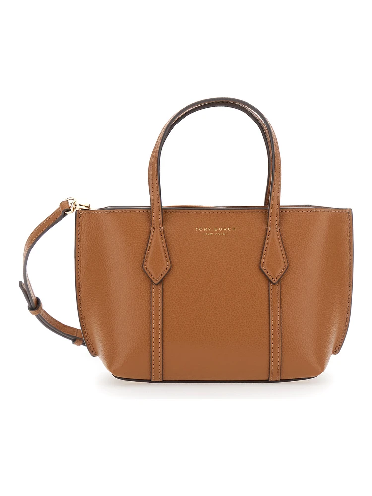 Perry Brown Handbag with Adjustable and Removable Shoulder Strap and Embossed Logo Lettering on the Front in Grained Leather Woman
