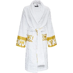 White Bathrobe with Baroque Pattern in Terry Cotton