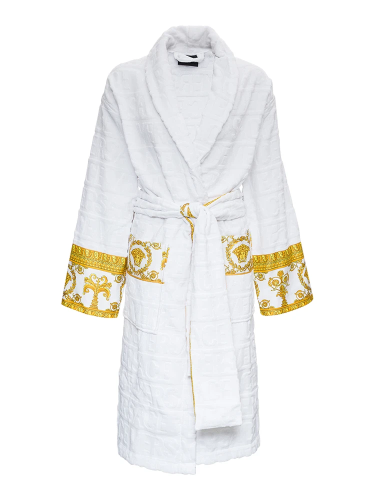 White Bathrobe with Baroque Pattern in Terry Cotton