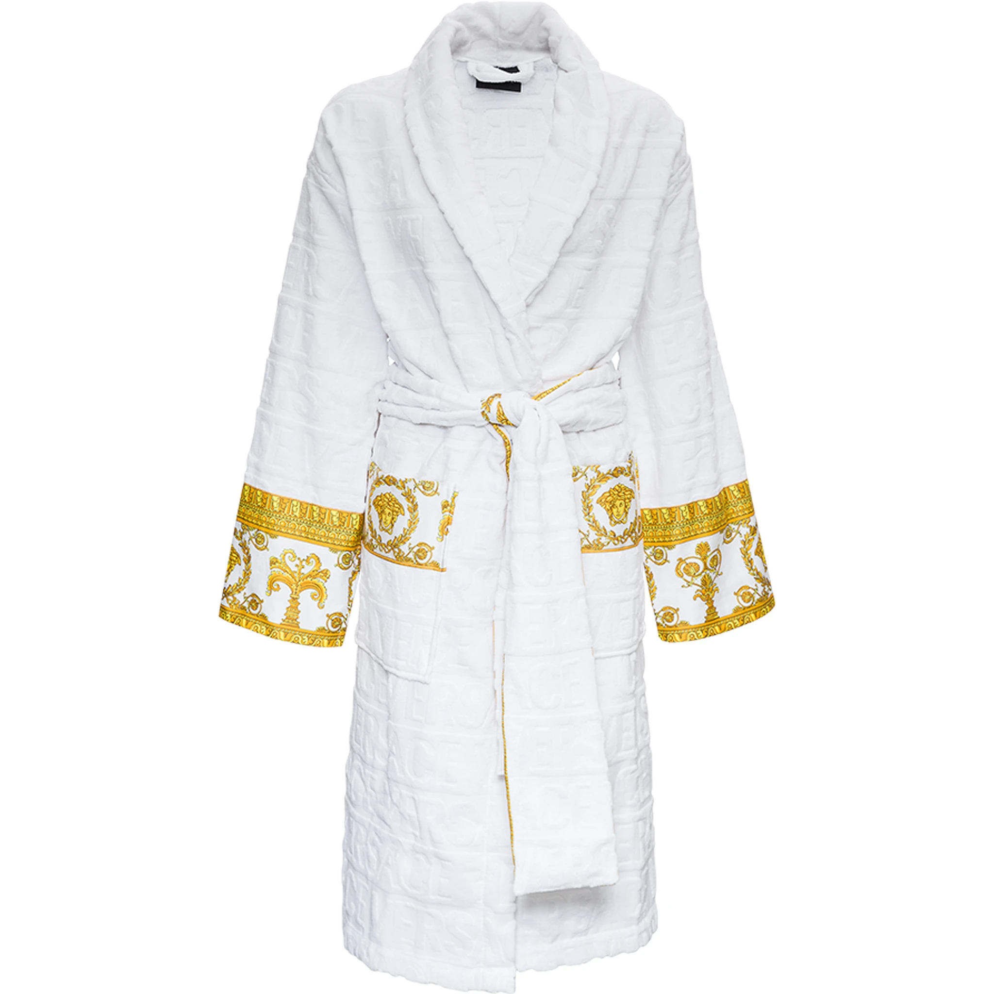 White Bathrobe with Baroque Pattern in Terry Cotton